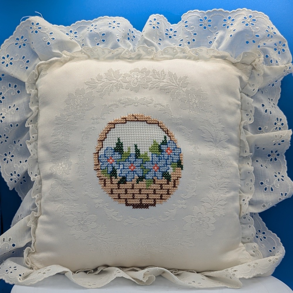 Vintage Cross Stitch Floral Basket Throw Pillow Ivory Eyelet Lace Ruffle Blue